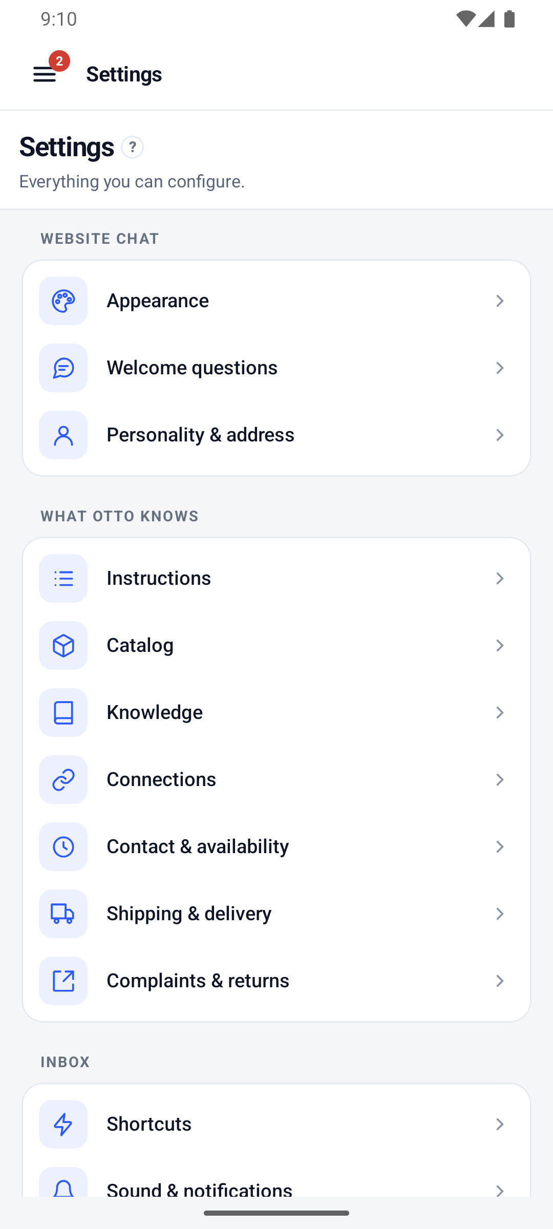 Android app: the main Settings menu with all sections, from chat appearance to shortcuts and notifications