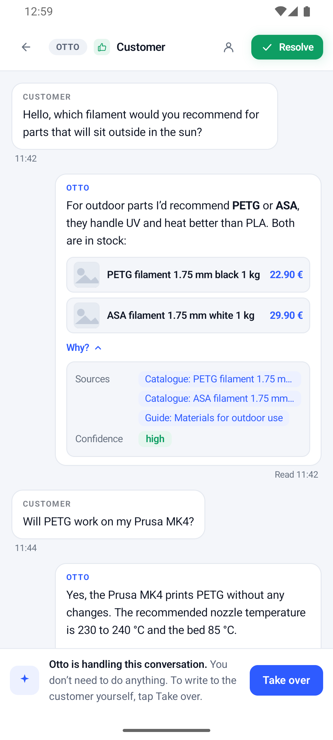 Android app: the same filament conversation, “Why?” expanded with the answer’s sources and the Take over button