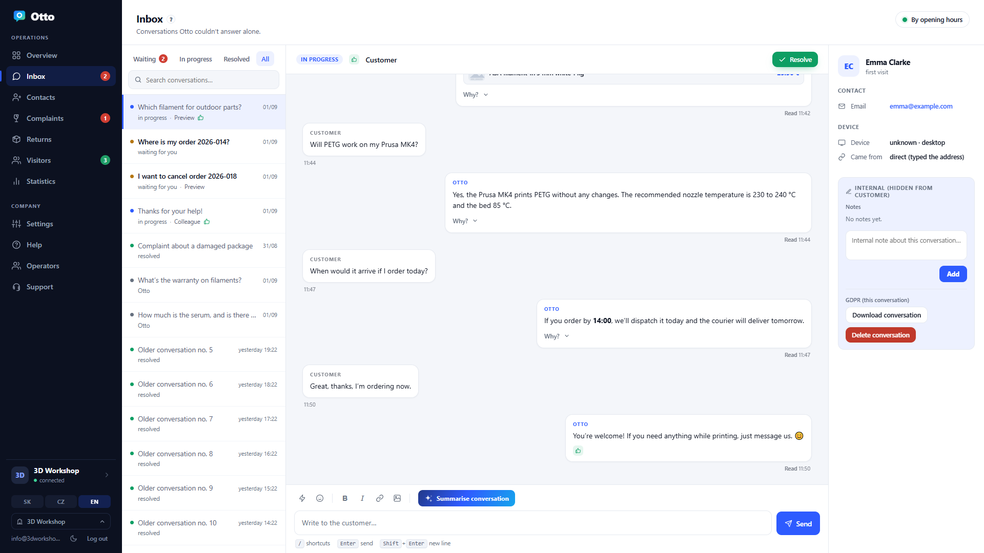 The panel’s Inbox: a conversation where Otto recommended filament on its own, sent product cards and the customer ordered
